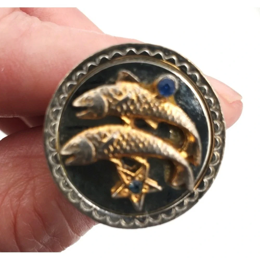 Vintage 1970s Silver & Gold Tone Zodiac Pisces Adjustable Ring